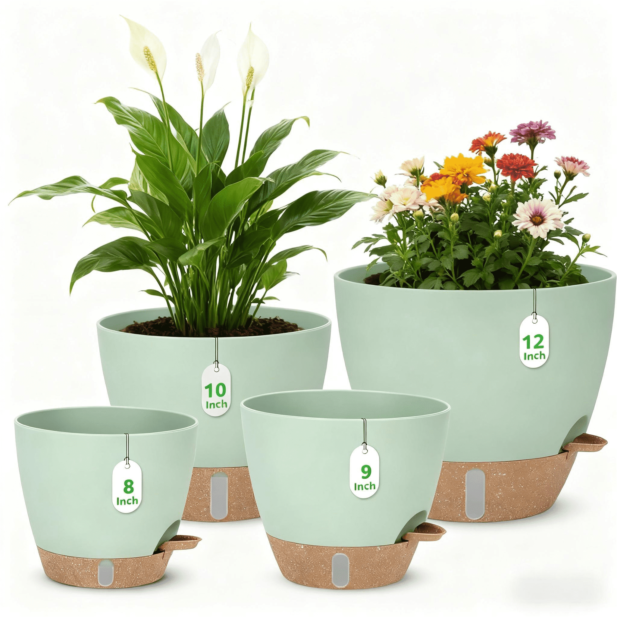 Lopxenu 12" 10" 9" 8" Self Watering Pots with Water Level Indicator, Large Plastic Planters Set with Drainage Hole and Removable Saucer Reservoir, Big Flower Pot for Indoor Outdoor Plants (Green)