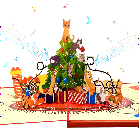 Lopxenu 3D Pop Up Christmas Cards with Light and Music, Cute Cats on Xmas Tree, 3D Popup Musical Greeting Card, Merry Christmas Gift for Cat Person, Mom, Son, Girls & Wife, Includes Envelope