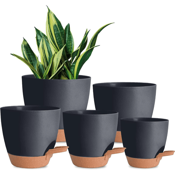 Lopxenu Plant Pots Pack of 5, 7/6.5/6/5.5/5 Inch Self Watering Planters with Drainage Hole Planter for Indoor Outdoor Plants, Planting Pots for African Violet, Ochid and House Plants (Black)