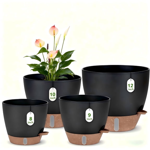 Lopxenu Self-Watering Plant Pots with Water Level Indicator, Set of 4 Flower Planters with Drainage Holes & Saucers, 12/10/9/8 Inch Large Plastic Planter Set for Indoor & Outdoor Plants ( Black)