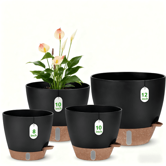 Lopxenu Self-Watering Plant Pots with Water Level Indicator, Set of 4 Flower Planters with Drainage Holes & Saucers, 12/10/9/8 Inch Large Plastic Planter Set for Indoor & Outdoor Plants ( Black)