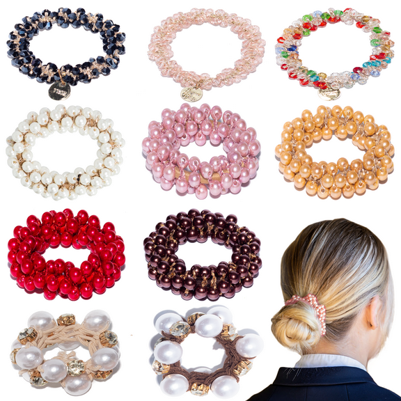 Loqpol 10PCS Pearl Hair Ties | Stretchy Elastic Scrunchies with Crystal Beads, Fancy Handmade Hair Bands, Ponytail Holders, Perfect Hair Accessories for Women and Girls. (Pearl & Crystal)