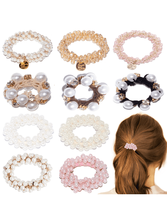 10PCS Pearl Hair Ties | Stretchy Elastic Scrunchies with Crystal Beads, Fancy Handmade Hair Bands, Ponytail Holders, Perfect Hair Accessories for Women and Girls. (Pearl- Crystal Mix 2)