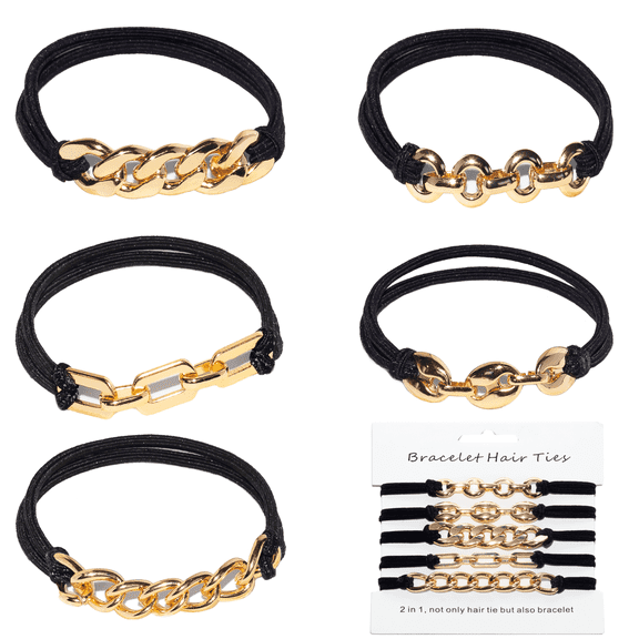 Loqpol 5PCS Decorative Hair Ties | Fancy Elastic Scrunchies with Metal Beads,  Pretty No-Damage Ponytail Holders, Cute Gold Bracelet Hair Accessories for Women  and Girls (Black-Gold)