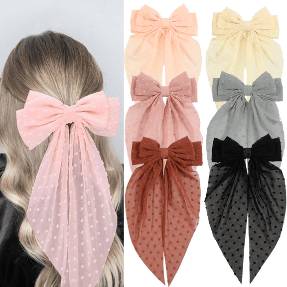 Loqpol 6 PCS Chiffon Hair Bows, Oversized Long Tail Bows with Barrette Clips, Coquette Hair Accessories for Women and Girls (Black-Red-Pink-Grey-Cream-Beige)