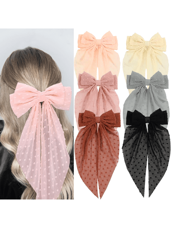 6 PCS Chiffon Hair Bows, Oversized Long Tail Bows with Barrette Clips, Coquette Hair Accessories for Women and Girls (Black-Red-Pink-Grey-Cream-Beige)