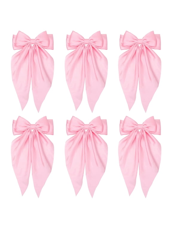 6 PCS Silky Satin Hair Bows, Oversized Long Tail Bows with Barrette Clips, Coquette Hair Accessories for Women and Girls (6PK Light Pink)