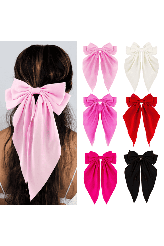 6 PCS Silky Satin Hair Bows, Oversized Long Tail Bows with Barrette Clips, Coquette Hair Accessories for Women and Girls (Black-Red-Hot Pink-Pink-L. Pink-Beige)