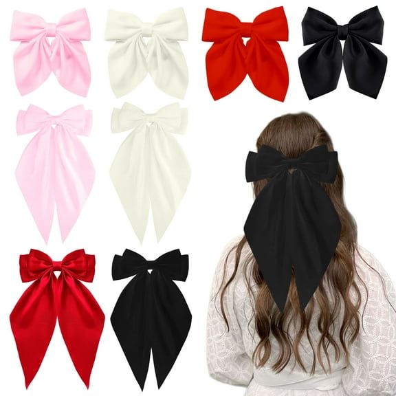Loqpol 8 PCS Silky Satin Hair Bows, Oversized Long Tail Bows with Barrette Clips, Short Tail Bow Hair Clips Small Alligator, Coquette Hair Accessories for Women and Girls