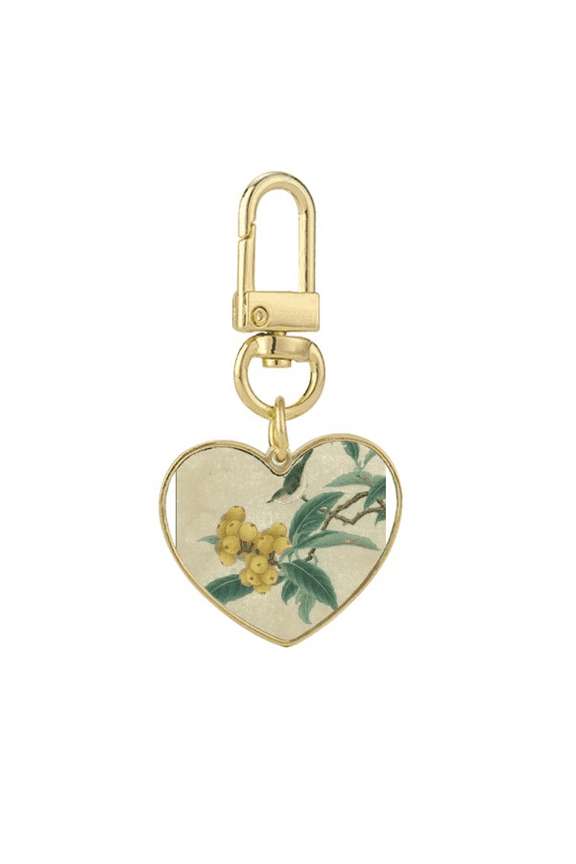 Loquat Embroidered Feather Figure Chinese Painting Gold Heart Keychain Metal Keyring Holder