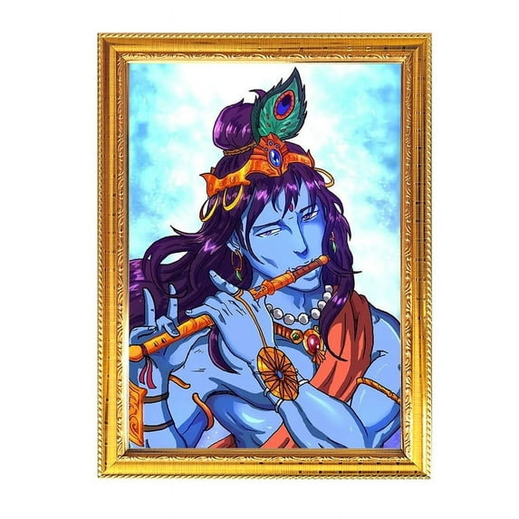 Lor Kanhaji Playing Flute Golden Photo Frame for Pooja Indian with a religious or spiritual theme Temple Puja Room Home Décor Worship 8.6 X 11