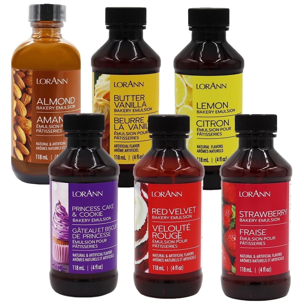 LorAnn Bakery Emulsion Variety Pack - Almond, Butter Vanilla, Lemon, Princess Cake & Cookie, Red Velvet, Strawberry (4 oz. bottle of each flavor)