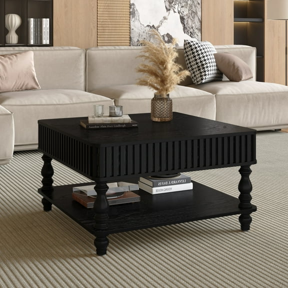Noble House Square Fluted Lift-Top Coffee Table with Hidden & Open Storage, Hydraulic Design and Solid Wood Legs,Black