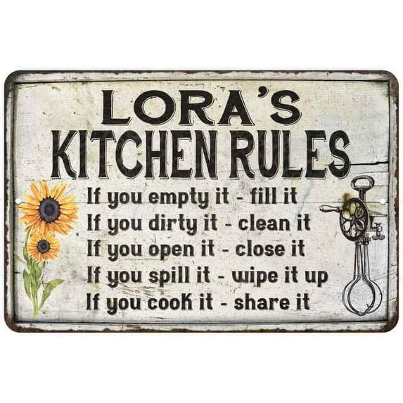 Lora's Kitchen Rules Chic Sign Vintage Décor 8 x 12 Matte Finish Metal 108120032423