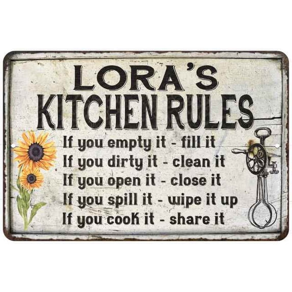 Lora's Kitchen Rules Chic Sign Vintage Decor 12x18 Metal Sign 112180032423