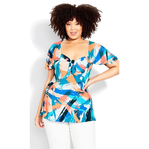 Loralette Women's Plus Size Kata Print Top Short Flutter Sleeve Sweetheart Neckline