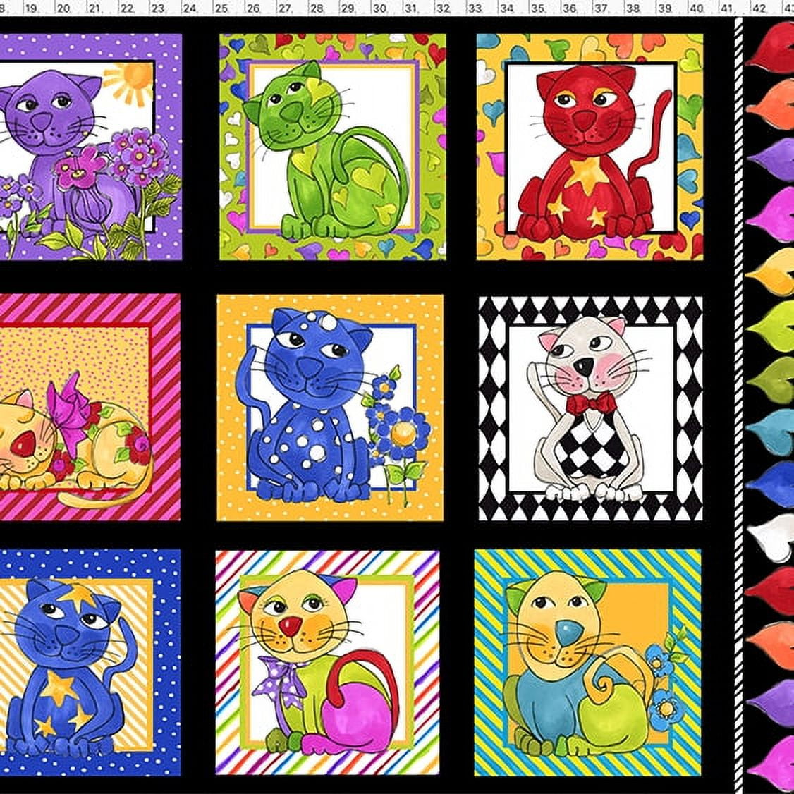 Loralie Designs Cat Happy Black Fabric Panel for Quilting