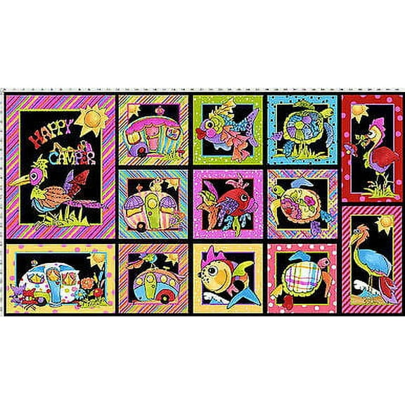 Loralie Happy Camper' Panel 23'' x 44'' on Black Cotton Fabric