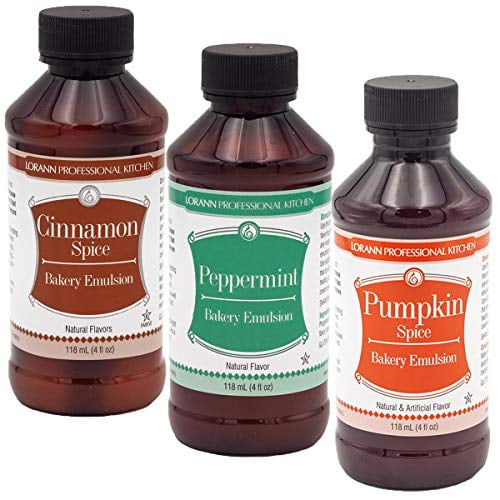 Lorann Bakery Emulsion Variety pack - one 4 ounce bottle of each Cinnamon Spice, Peppermint and Pumpkin Spice