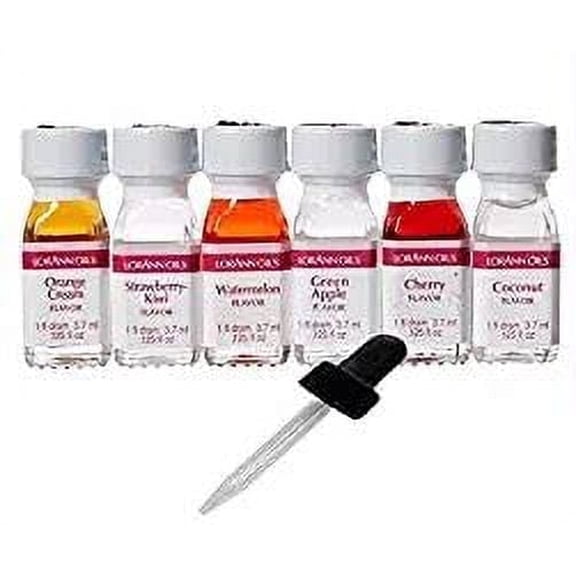 Lorann Oils Super Strength 6 Pack With Dropper (Strawberry Kiwi, Orange Cream, Watermelon, Green Apple, Coconut and Cherry Flavors) Baking, Kosher