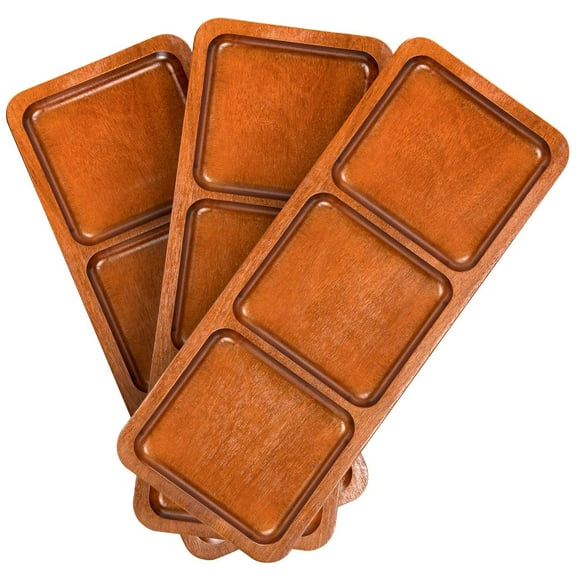Lorbro Acacia Wood Serving Tray, 14" x 5.5" Wooden Serving Platter, 3 Section Rectangular Wooden Trays for Food, Cheese, Snacks, Fruit, Appetizer, Charcuterie, Home Decor, Set of 3 Pack