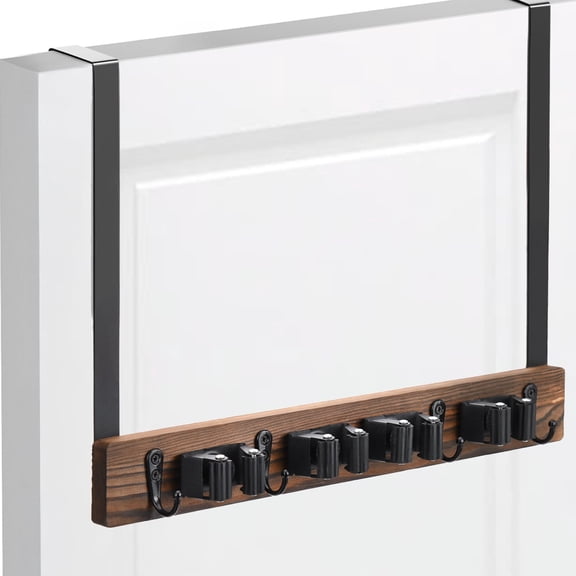 Lorbro Broom Holder Door Mount, Over the Door Broom and Mop Holder with 2 Over Door Hooks, Wood Broom Hanger, Tool Rack Organizer for Laundry, Garage, Closet, Kitchen Decor, 4 Slots & 4 Hooks Rustic