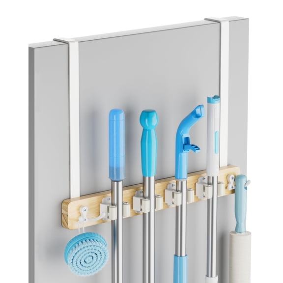 Lorbro Broom Holder Door Mount, Over the Door Broom and Mop Holder with 2 Over Door Hooks, Wood Broom Hanger, Tool Rack Organizer for Laundry, Garage, Closet, Kitchen Decor, 4 Slots & 4 Hooks Rustic