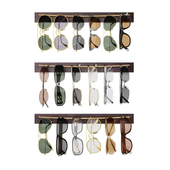 Lorbro Sunglass Organizer Wall Mounted, Sunglasses Holder Wall Wood Rustic Decor, Hanging Eyeglass Storage Organizer for Living Room, Bedroom, Entryway, 3 Pack, Brown