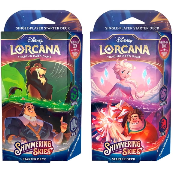 Lorcana TCG: Shimmering Skies: Starter Decks: BOTH Emerald & Steel (Scar & Cronk) AND Amethyst & Ruby (Elsa & Wreck-It Ralph) (2 DECKS)