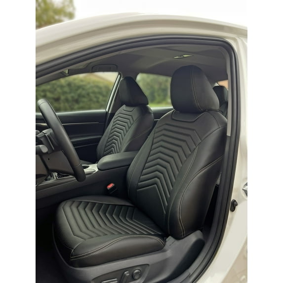 Lord AutoFashion Premium Custom Fit Seat Covers for Toyota Camry LE, SE, Hybrid SE, Hybrid LE 2018 2019 2020 2021 2022 2023 2024, Full Set, PU Leather.(Byron President Black/Beige)