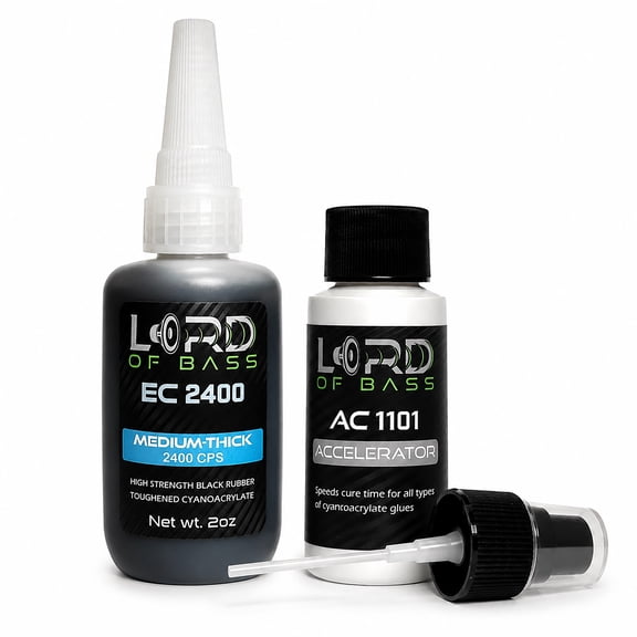 Lord of Bass EC2400 Black Rubber Toughened CA Glue Kit - 2oz Premium Cyanoacrylate Super Glue + 1oz Activator - Medium-Thick 2400 CPS Viscosity - Speaker Repair, RC Tire Glue, Woodturning, Hobby