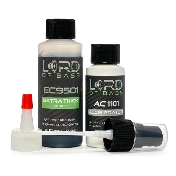 Lord of Bass EC9501 Black Rubber Toughened CA Glue Kit - 2oz Extra Thick Premium Cyanoacrylate Super Glue + 1oz Activator - 10000 CPS Viscosity - Speaker Repair, Knot Filler, Woodturning, Gap Filling