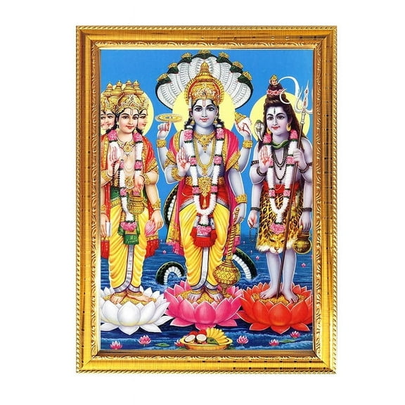Lord Brahma, Bishnoo and Mahesh Standing on Lotus Golden Photo Frame for Pooja Indian with a religious or spiritual theme Temple Puja Room Home Décor Worship 8.6 X 11