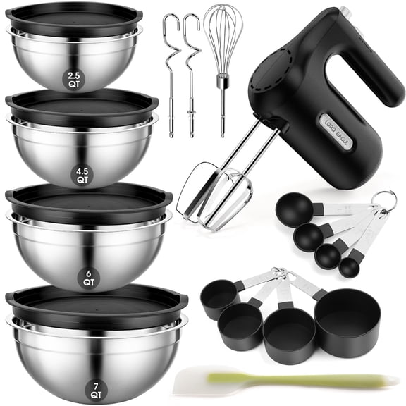 Lord Eagle 5-Speed Hand Mixer Electric With 4 Stainless Steel Mixing Bowls Set, 300W Lightweight Kitchen Handheld Mixer with Measuring Cups & Spoons, Baking Supplies for Cake, Black Y101