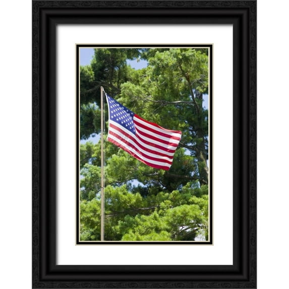 Lord, Fred 11x14 Black Ornate Wood Framed with Double Matting Museum Art Print Titled - NY, St Lawrence River American flag on flagpole