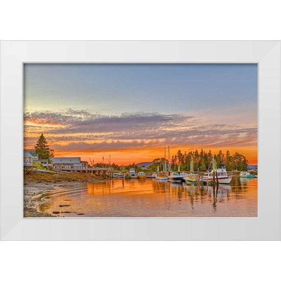 Lord, Fred 24x17 White Modern Wood Framed Museum Art Print Titled - ME, Acadia Boats rest in harbor at sunset