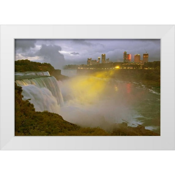 Lord, Fred 32x23 White Modern Wood Framed Museum Art Print Titled - NY, Niagara Falls at dusk with colored lights