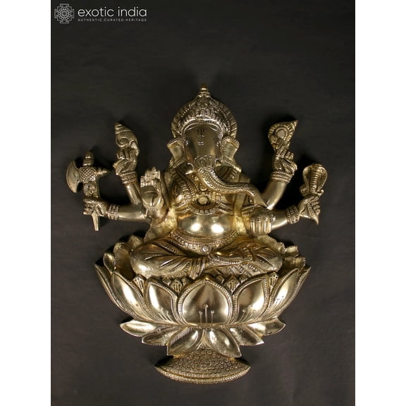 Lord Ganesha Brass Idol Seated on Lotus | Wall Hanging Statue