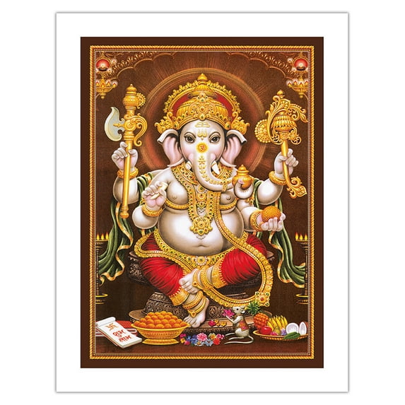 Lord Ganesha - Hindu Elephant Headed Deity - God of Wisdom Knowledge and New Beginnings - Vintage Religious Art c.1960s - Bamboo Fine Art 290gsm Paper (Unframed) 17x22in