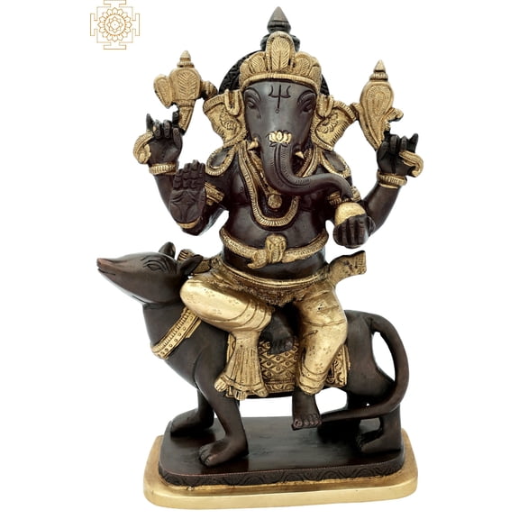 10" Lord Ganesha Idol Seated on Rat | Handmade Brass Figurines | Made in India