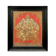 Lord Ganesha Seated on a Rat Tanjore Painting | Traditional Colors With 24K Gold | Teakwood Frame |