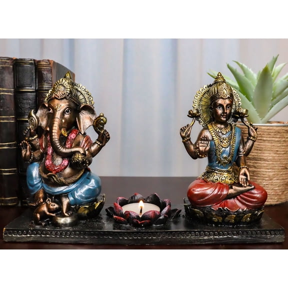 Lord Ganesha & Sri Krishna Seated With Lotus Flower Votive Candle Holder Statue