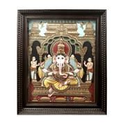 Lord Ganesha Super Large Tanjore Painting | Traditional Colors With 24K Gold | Teakwood Frame | Gold