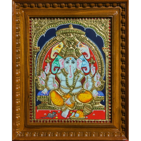 Lord Ganesha Tanjore Painting |22K Gold Foil |Teak Wood Frame