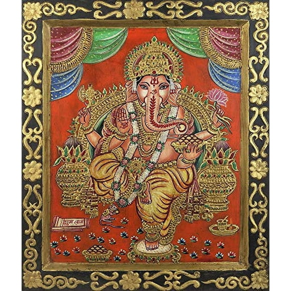 Lord Ganesha with a Bowl of Modaks (Laddoos) - Antiquated Color on Board (Framed)