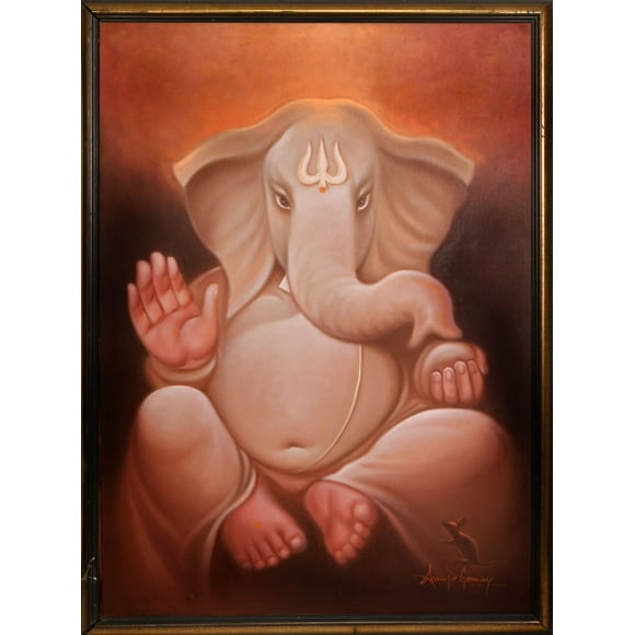 Lord Ganeshas Unstructured Halo (Framed) - Oil Painting on Canvas - Artist: Anup Gomay