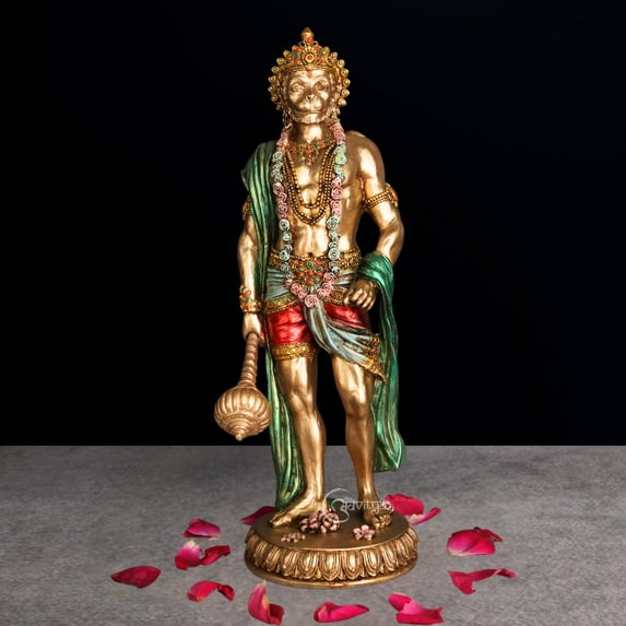 Lord Hanuman Ji Standing Idol Murti| Bajrangbali Sitting Resin Statue Murti for Pooja Temple Home Decorative Showpiece | Resin Sankat Mochan Balaji Idol for Office Decor Gift 10.5 Inch (Golden)