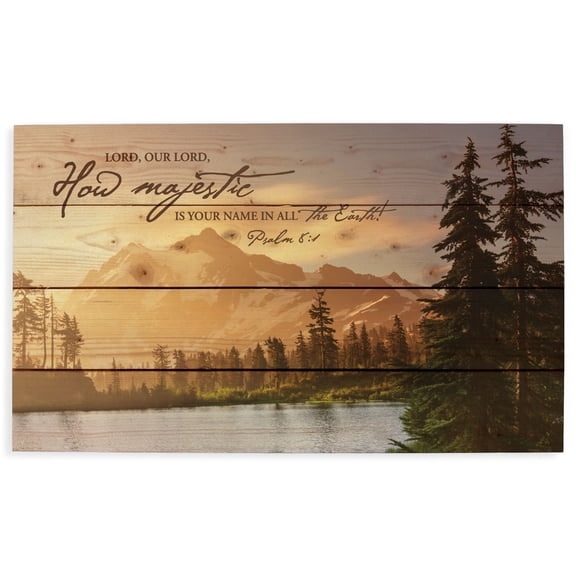 Lord How Majestic is Your Name Mountain Lake Scene 14 x 24 Wood Pallet Wall Art Sign Plaque