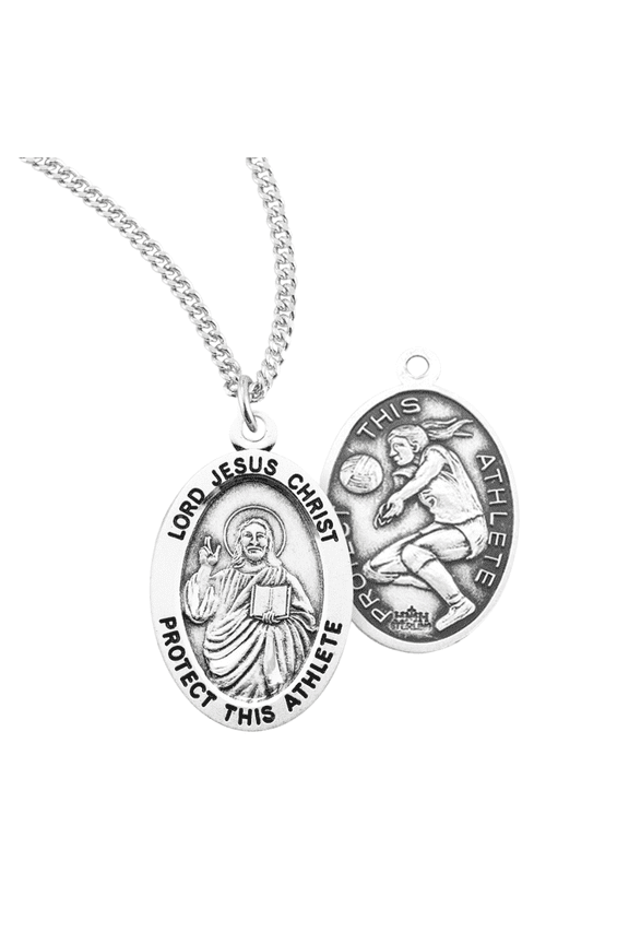 Lord Jesus Christ Oval Sterling Silver Women's Volleyball Medal, 18" Rhodium Plated Stainless Steel Chain Necklace, Made in USA, Deluxe Velvet Gift Box