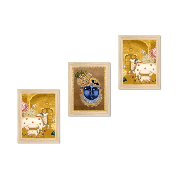 Lord Krishna Face Wall Art with Cow Set of 3 Frames | Gau Mata Spiritual Canvas Paintings | Indian Religious Wall Dcor for Living Room, Bedroom, Puja Room & Temple
